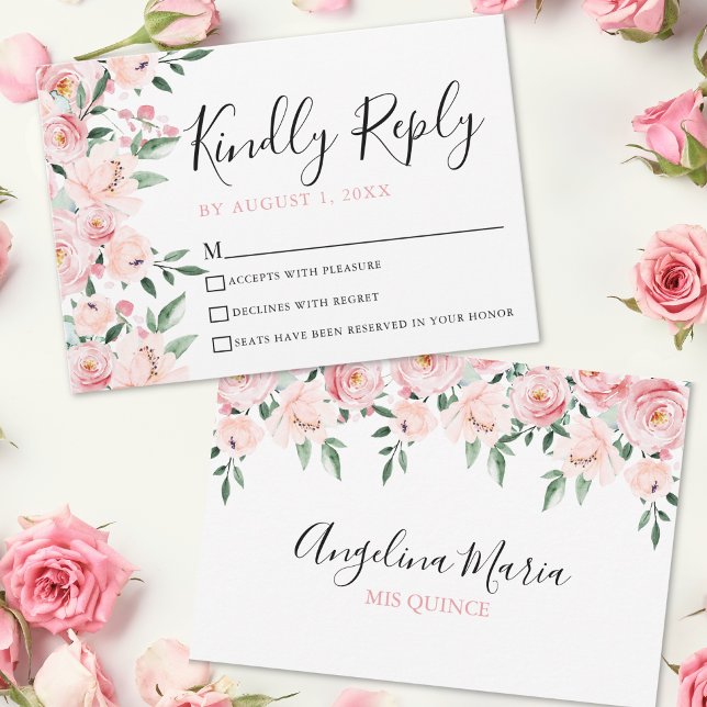 Cartão de Resposta para Quinze Anos Rosa Floral Bl (Floral Blush Pink Quinceanera RSVP Card )