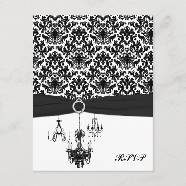 Cartão de Resposta Preto e Branco Damask com Cande (Frente)
