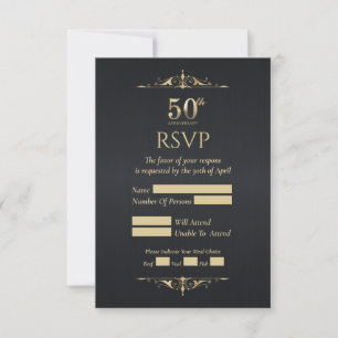 Cartão de Resposta Preto para Bodas de 50 Anos