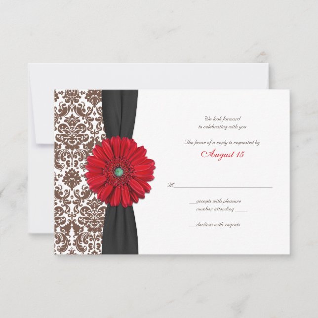 Cartão de resposta Red Gerber Daisy Damask (Frente)