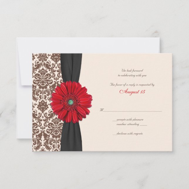 Cartão de resposta Red Gerber Daisy Damask (Frente)