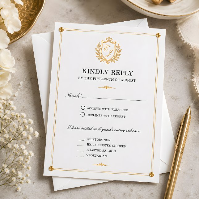 Cartão de Resposta RSVP com Brasão Dourado (Gold Crest RSVP Card)