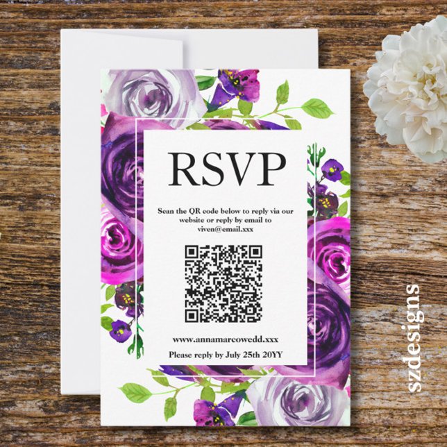 Cartão de Resposta RSVP com Código QR Floral Roxo  (Criador carregado)