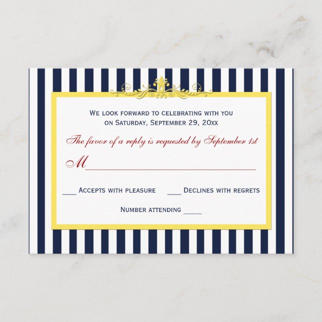 Cartão de Resposta RSVP com Faixas Navy, Branco, A (Frente)