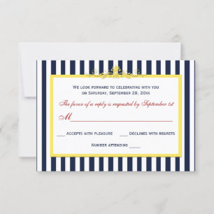 Cartão de Resposta RSVP com Faixas Navy, Branco, A