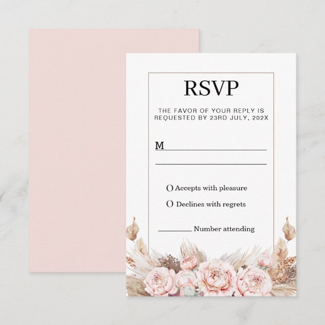 Cartão de Resposta RSVP com Peônias Rosadas e Gram (Frente/Verso)