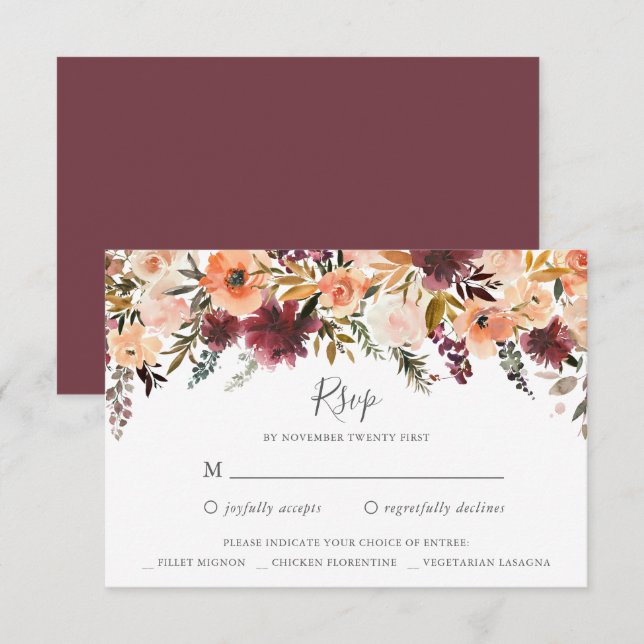 Cartão de resposta RSVP de Casamento Floral Burgun (Frente/Verso)