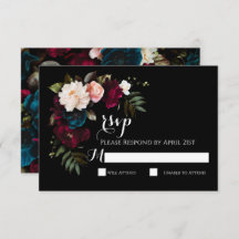 Cartão de Resposta RSVP de Casamento Floral Preto