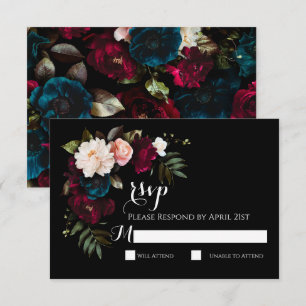 Cartão de Resposta RSVP de Casamento Floral Preto 