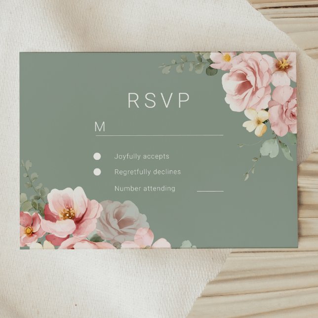 Cartão de Resposta RSVP de Casamento Verde Blush & (Criador carregado)