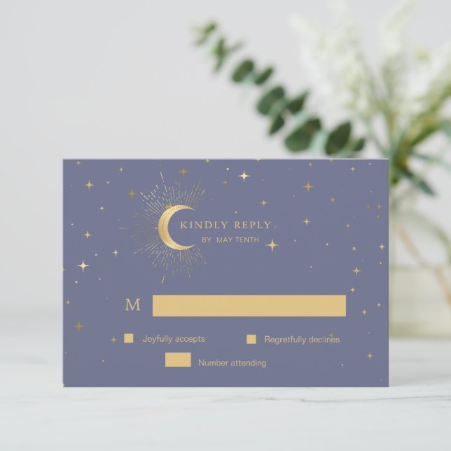 Cartão de Resposta RSVP Pastel Celestial Gold Moon (Em pé/Frente)