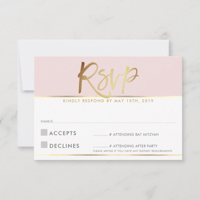 CARTÃO DE RESPOSTA RSVP rosa pálido com escrita em (Frente)