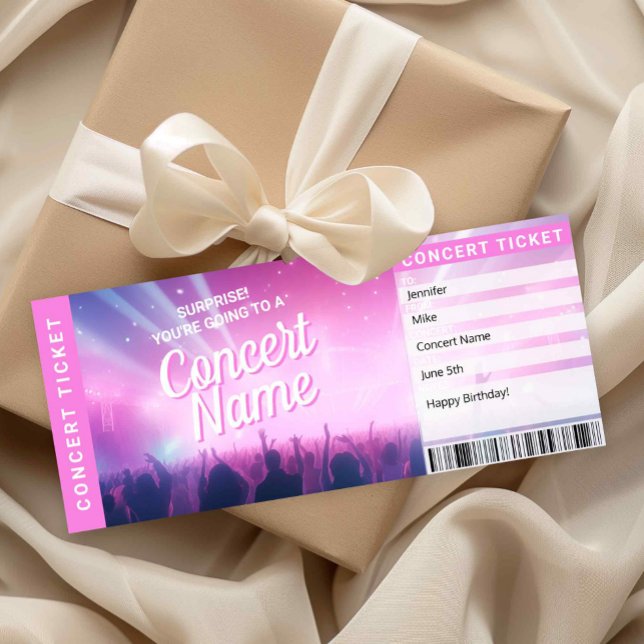 Cartão de Revelação de Ingresso de Presente de Con (Surprise Concert Ticket Printable )