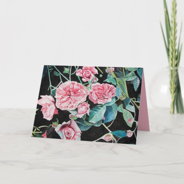 Cartão de Rosas Cor-de-Rosa flor roseiral aquarela (Frente)