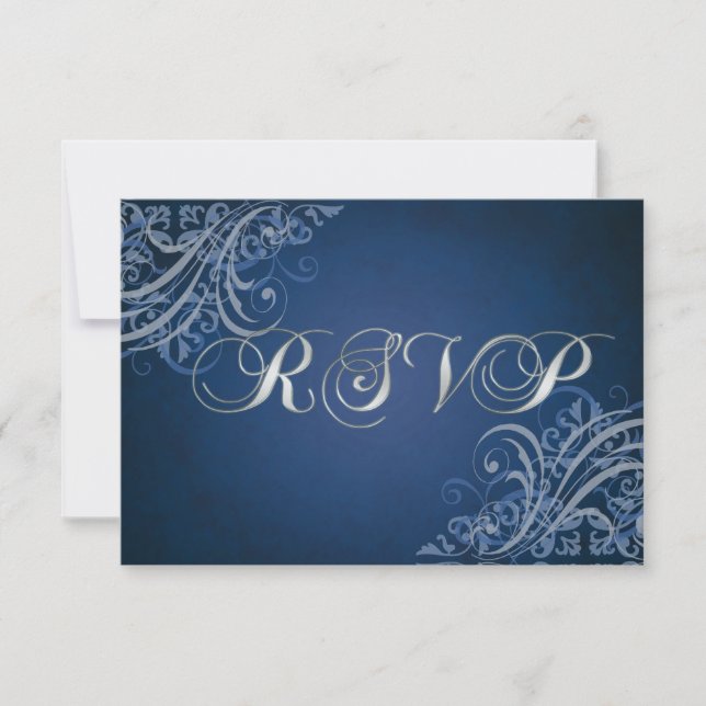 Cartão de RSVP Azul de Rolagem Barroco (Frente)