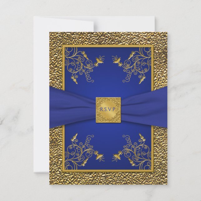 Cartão de RSVP Azul Real e Dourado (Frente)