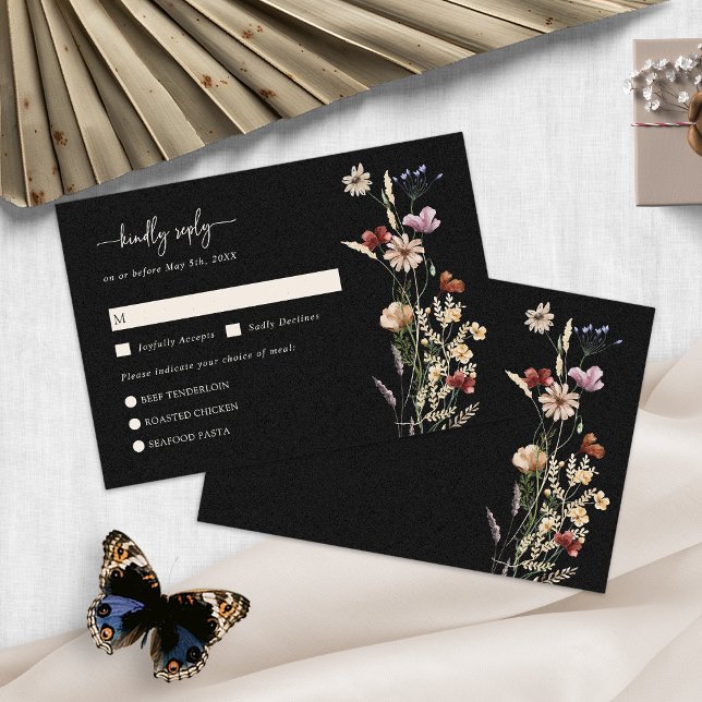 Cartão de RSVP Boho Flor Silvestre Preta (Black Watercolor Wildflower Boho RSVP Card by Painted Paperie
)