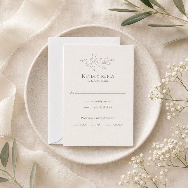 Cartão de RSVP Botânico Moderno Sábio (Modern Sage Botanical RSVP Card on an elegant table with tiny flowers)