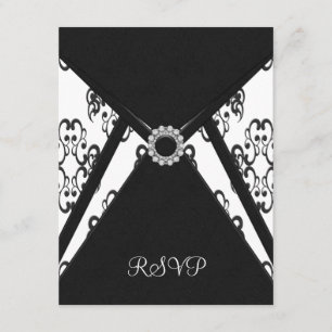 Cartão de RSVP Branco Damasco Preto