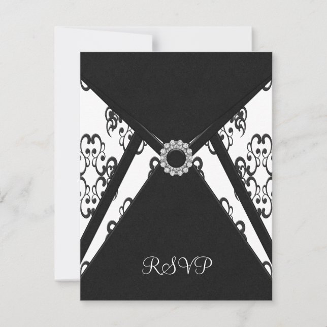 Cartão de RSVP Branco Damasco Preto (Frente)