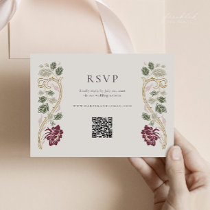 Cartão de RSVP Burgundy Floral Art Nouveau com QR