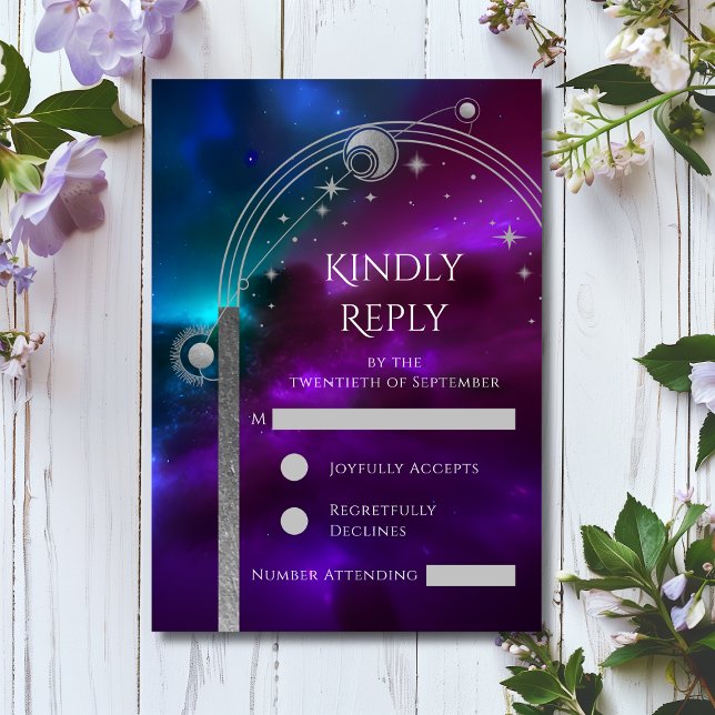 Cartão de RSVP Celestial Roxo Turquesa (Criador carregado)