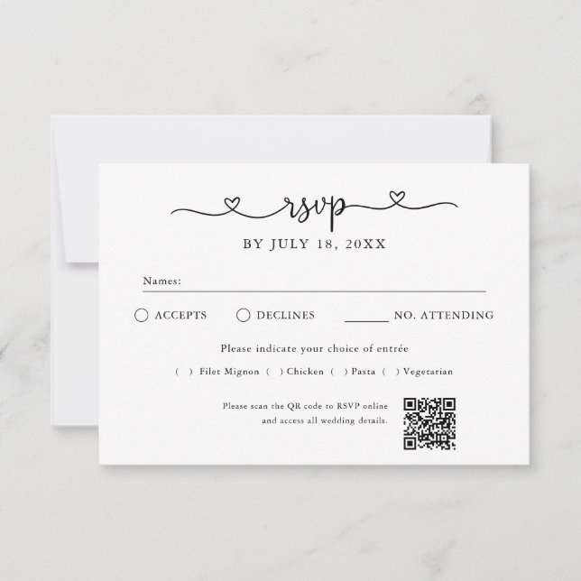 Cartão de RSVP com Código QR de Coração de Roteiro (Frente)