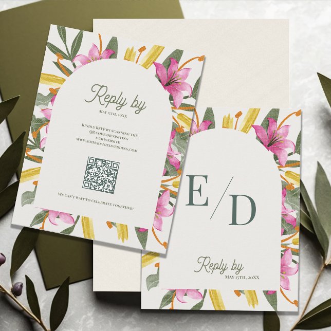 Cartão de RSVP com Lírio Rosa Rubor Arqueado com C (Blush Pink Lily Arched RSVP Card with QR Code | Romantic Botanical Floral Arch Wedding Response Card)