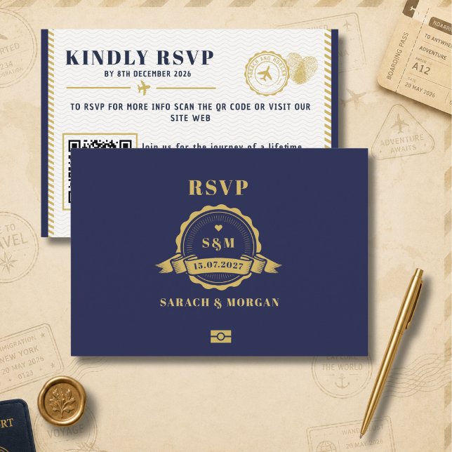 Cartão de RSVP com QR-Code e Monograma de Casament (passport rsvp cards destination compass travel beach adventure navy blue wedding summer island )