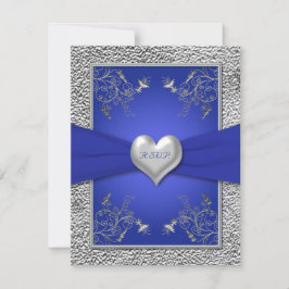 Cartão de RSVP Coração Azul Cobalto e Pewter