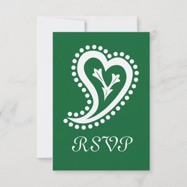 Cartão de RSVP Corações Paisley Doces em Verde (Frente)