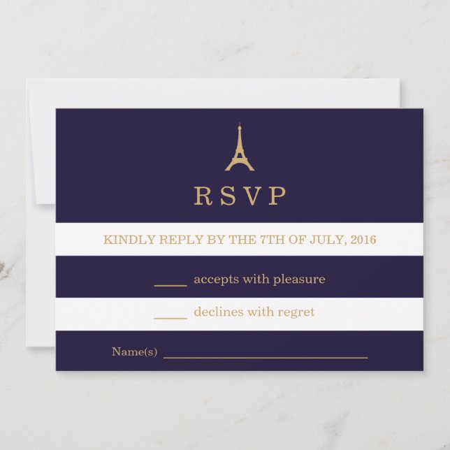 Cartão de RSVP da Torre Eiffel dourada com listras (Frente)