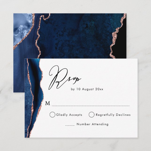 cartão de RSVP de ágata em azul marinho e dourado  (Frente/Verso)