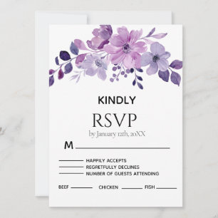 Cartão de RSVP de buquê de flores roxas aquarela