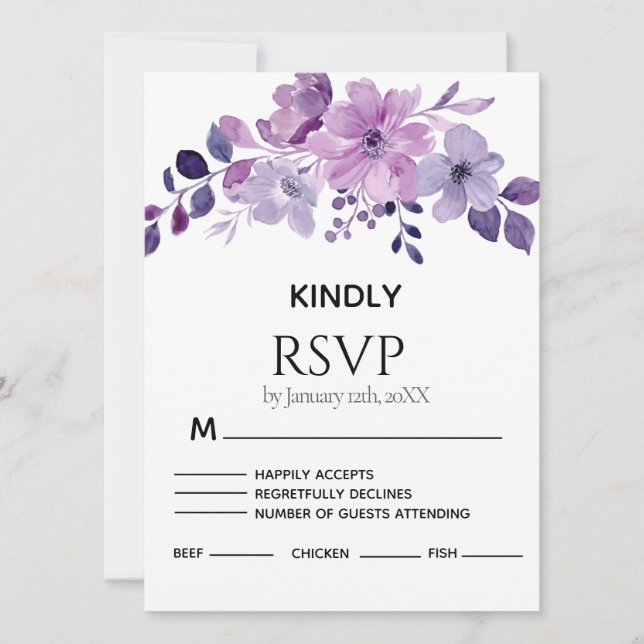 Cartão de RSVP de buquê de flores roxas aquarela (Frente)