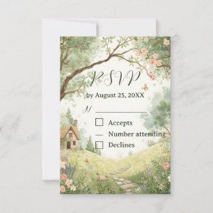 Cartão de RSVP de Casa de Campo   Aquarela Rosa