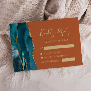 Cartão de RSVP de Casamento Ágata Teal Dourado Lar