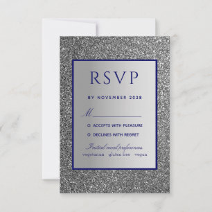 Cartão de RSVP de Casamento Azul Prata