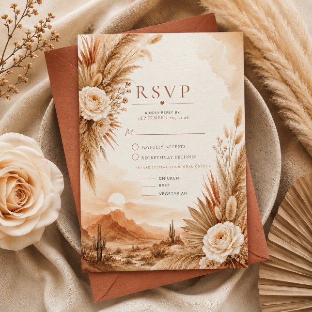 Cartão de RSVP de Casamento Boho Desert Sunset (Criador carregado)