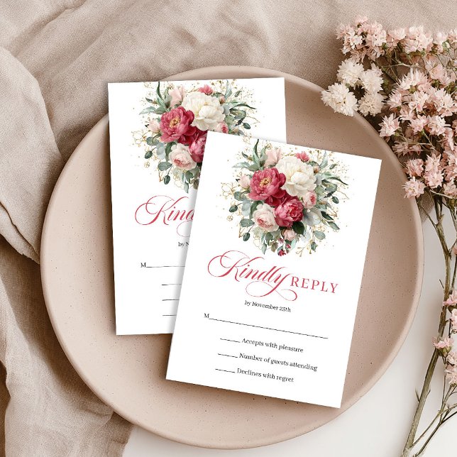 Cartão de RSVP de Casamento Boho Elegante com Verm (Elegant Red Blush Boho Wedding RSVP Card)