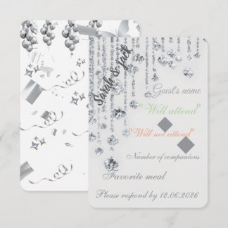 Cartão de RSVP de casamento branco e prata elegant