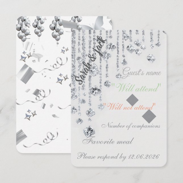 Cartão de RSVP de casamento branco e prata elegant (Frente/Verso)
