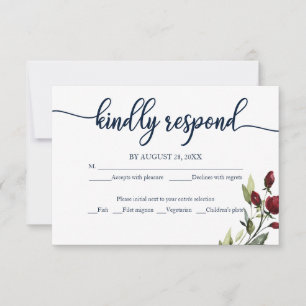 Cartão de RSVP de Casamento Burgundy Azul Naval Fl