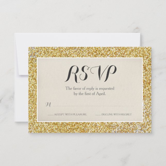 Cartão de RSVP de casamento com brilho dourado ele (Frente)