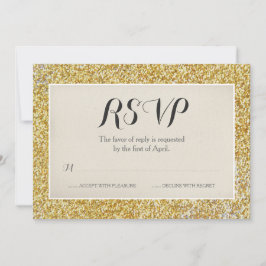 Cartão de RSVP de casamento com brilho dourado ele