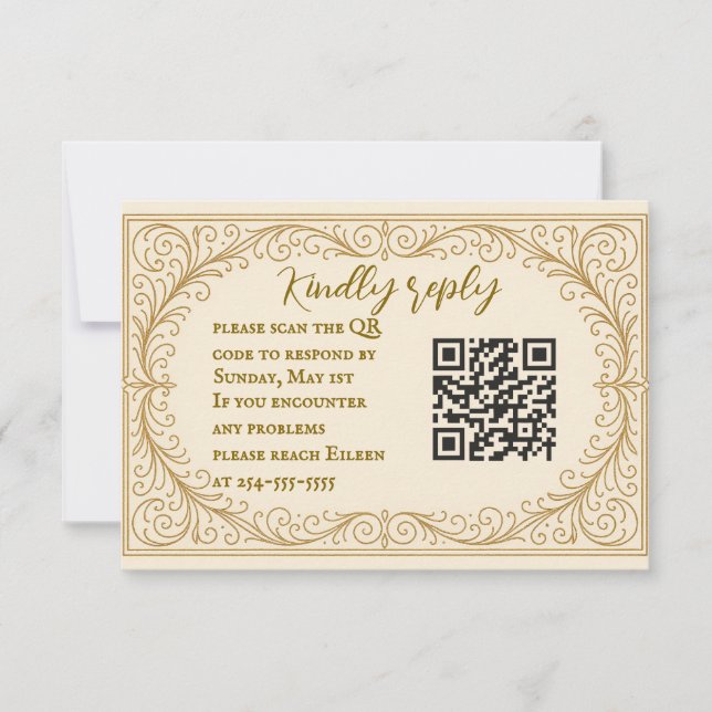 Cartão de RSVP de casamento com código QR Filigree (Frente)