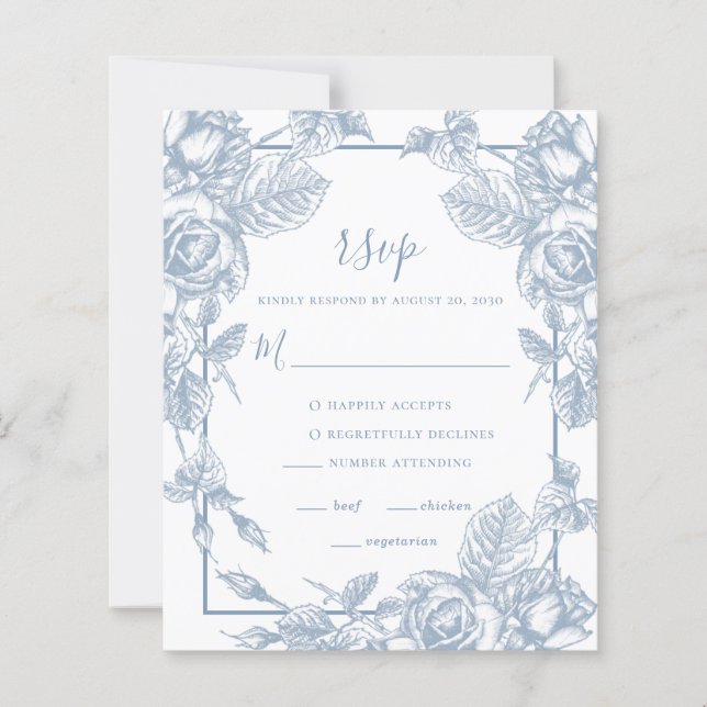 Cartão de RSVP de Casamento com Flores em Azul Emp (Frente)