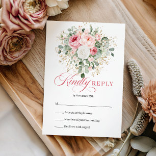 Cartão de RSVP de Casamento com Rosas e Folhagens 