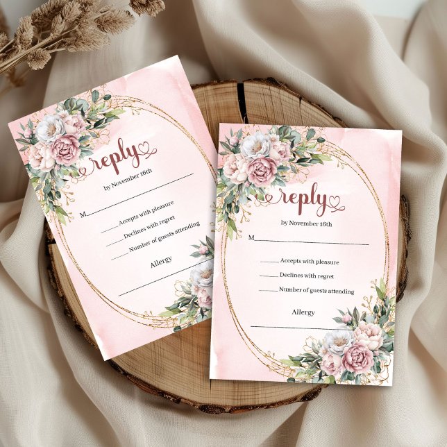 Cartão de RSVP de Casamento com Verde Folhagem e D (Luxury Rose Gold Greenery Wedding RSVP Card)