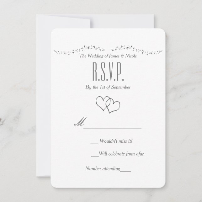 Cartão de RSVP de Casamento Corações Prateados e B (Frente)